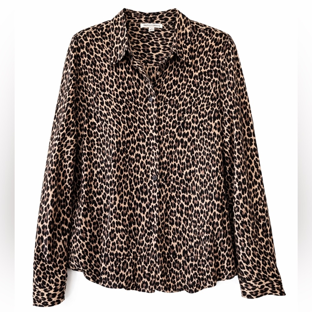 Jones New York Blouse button down shirt leopard black brown size XL